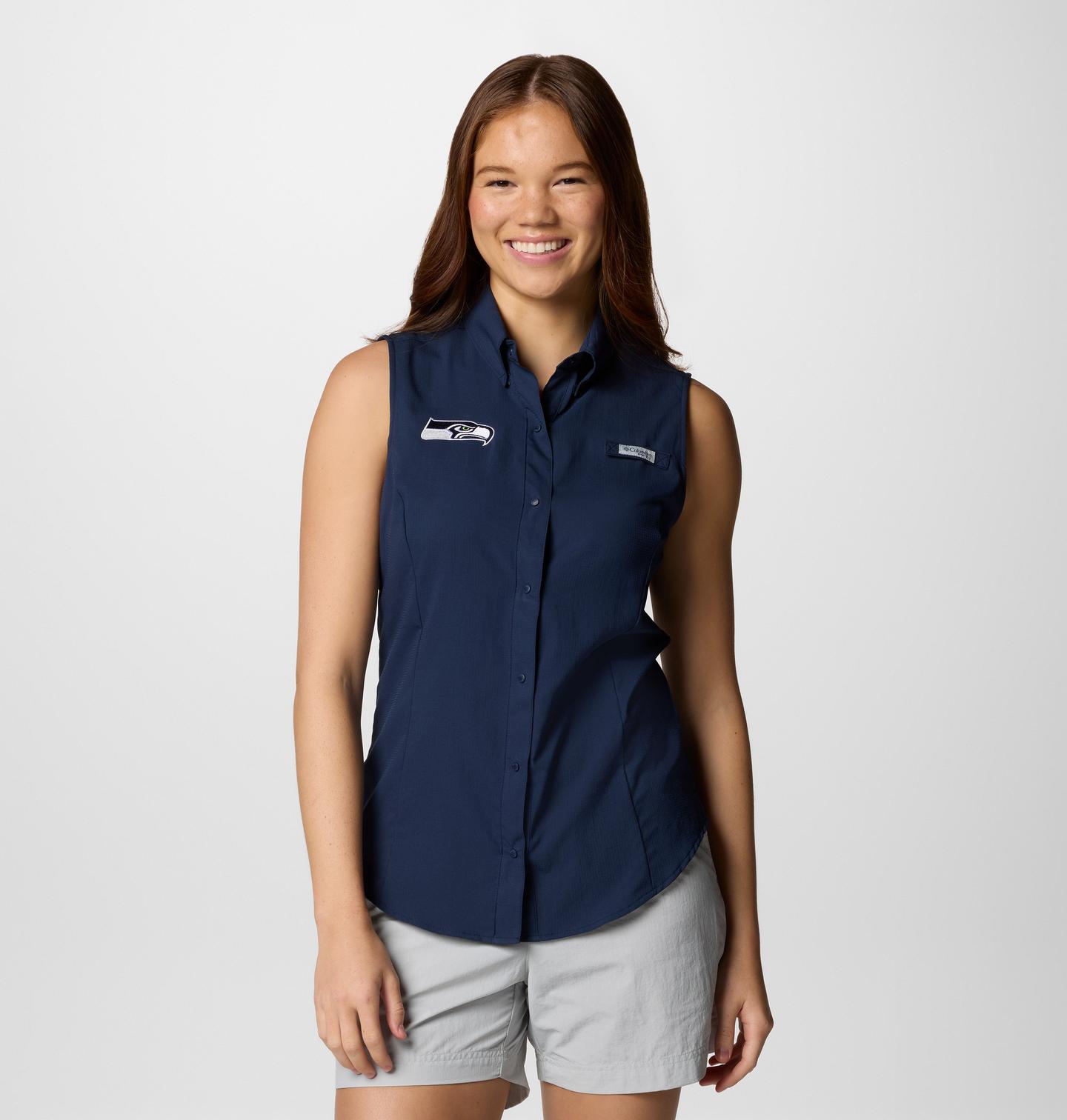 Женская рубашка Columbia PFG Tamiami Sleeveless Shirt - Seattle Seahawks, цвет: Тёмно-синий — фото 1