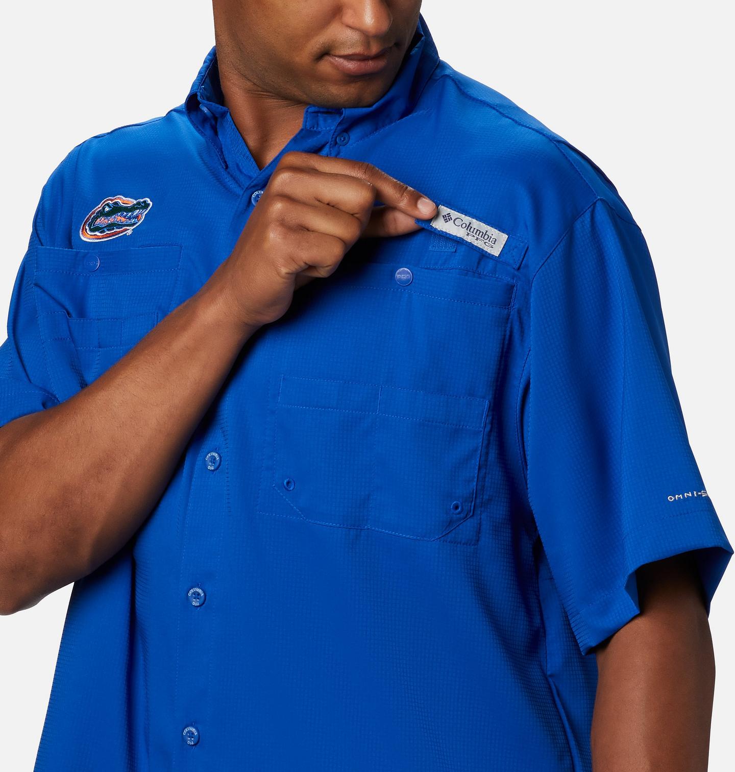 Мужская рубашка Columbia Collegiate PFG Tamiami Short Sleeve Shirt - Tall - Florida, цвет: Fla - Azul — фото 3