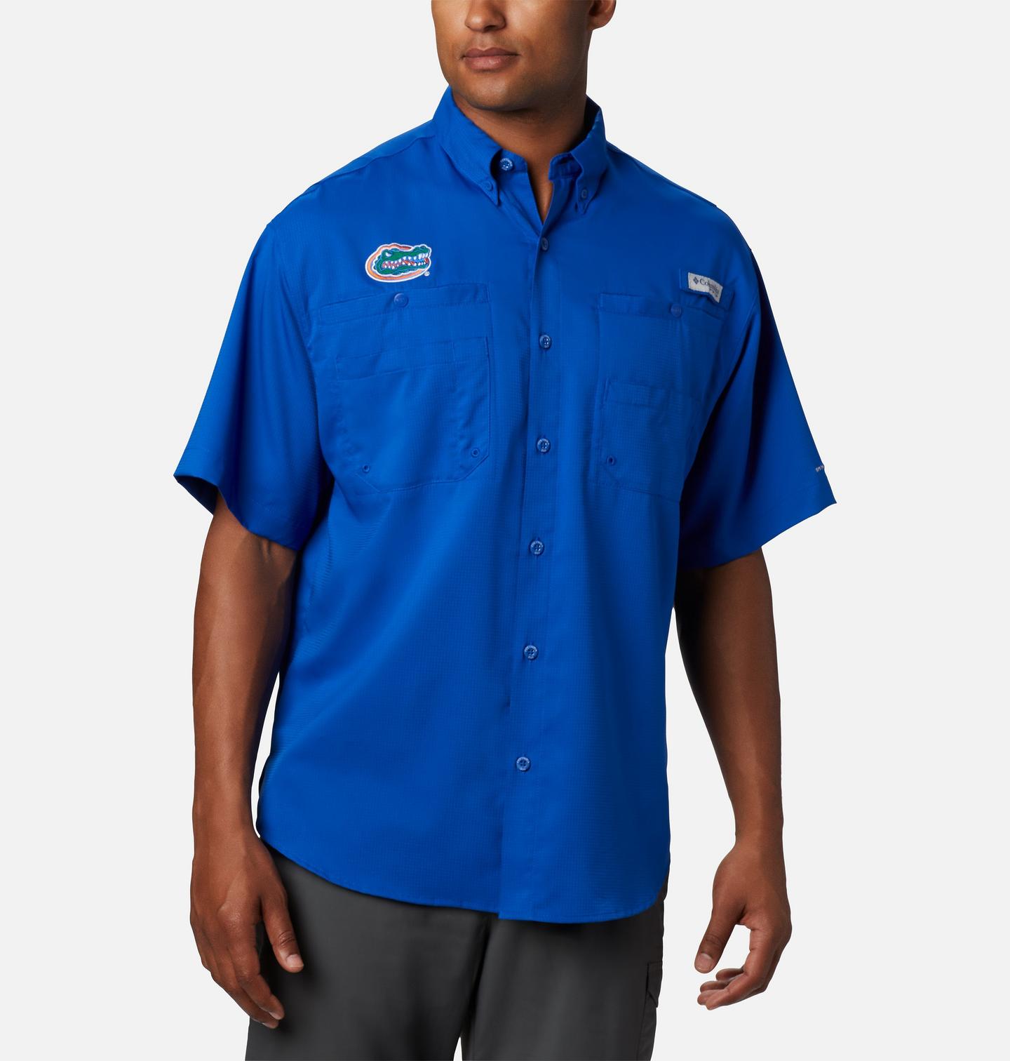 Мужская рубашка Columbia Collegiate PFG Tamiami Short Sleeve Shirt - Tall - Florida, цвет: Fla - Azul — фото 1