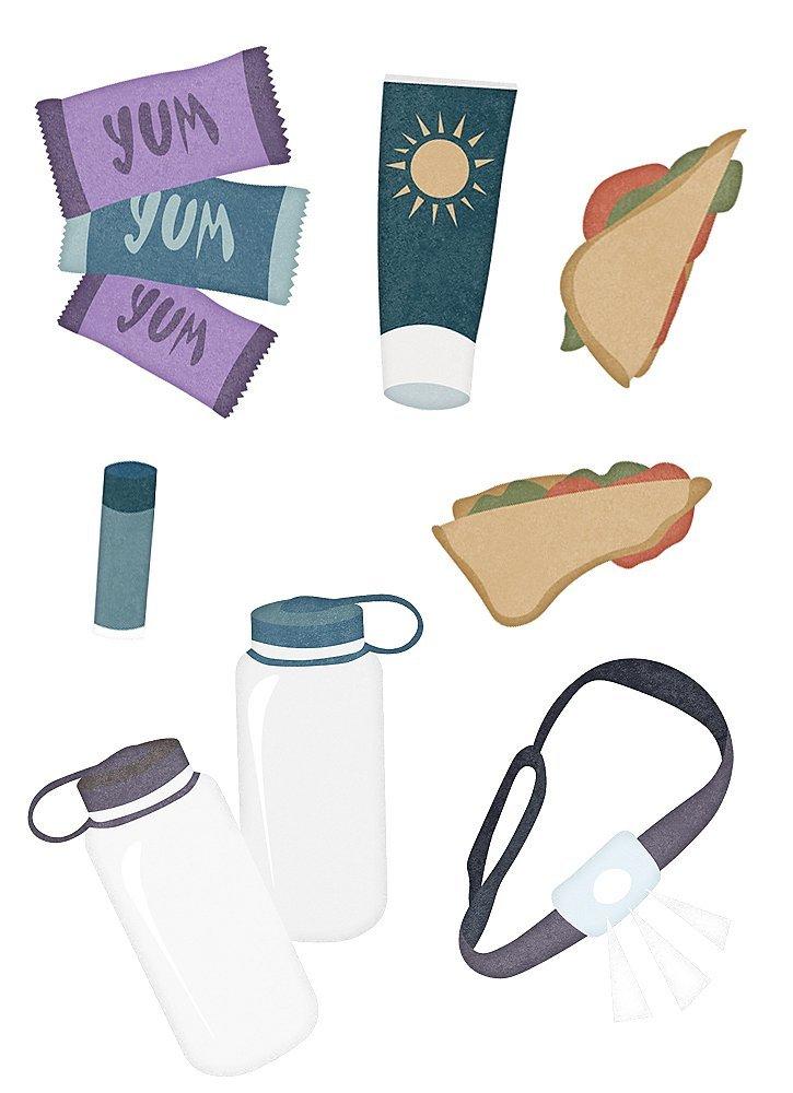 illustrations of granola bars, sunscreen, chapstick, water bottles, headlamp and sandwich