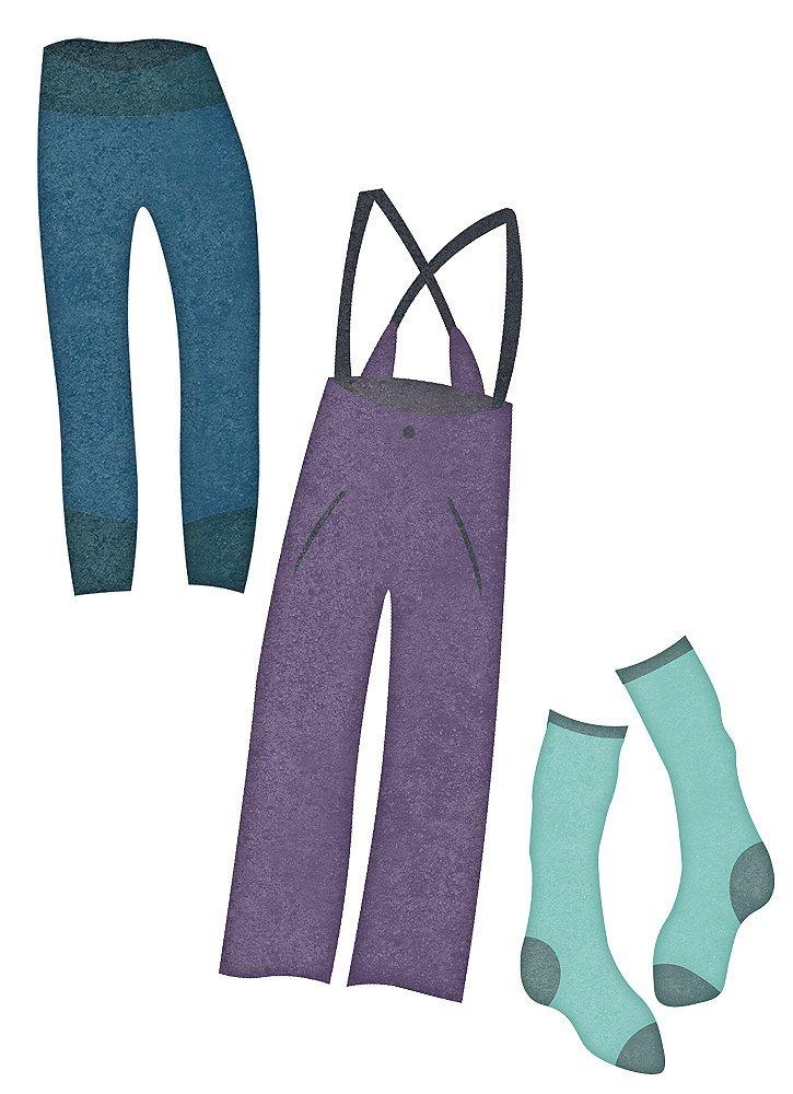illustrations of base layer tights, shell bib and socks
