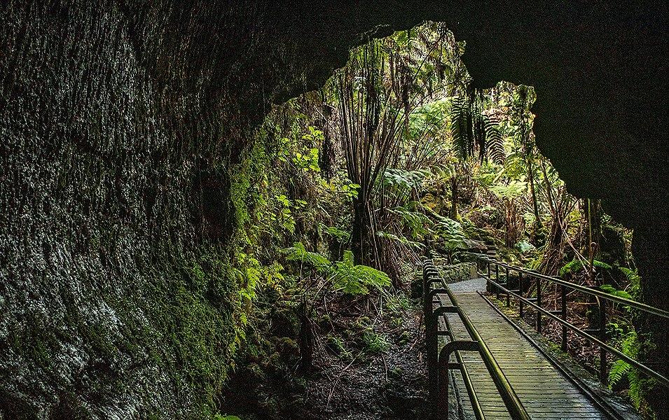 A scenic wooden trail with rails on the sides passes through a dark cave in Volcanoes National Park with lush green foliage on the other side.