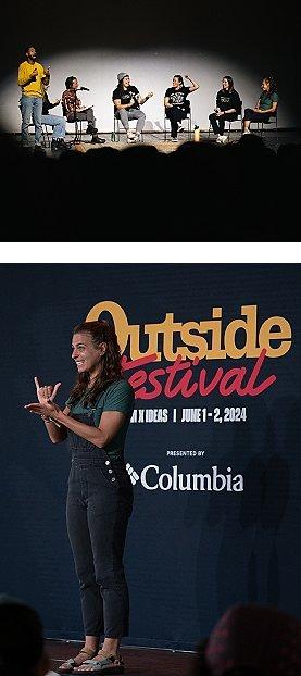 Shayna using sign language to speak at two different events, Outside Festival and No Man's Land Film Festival.