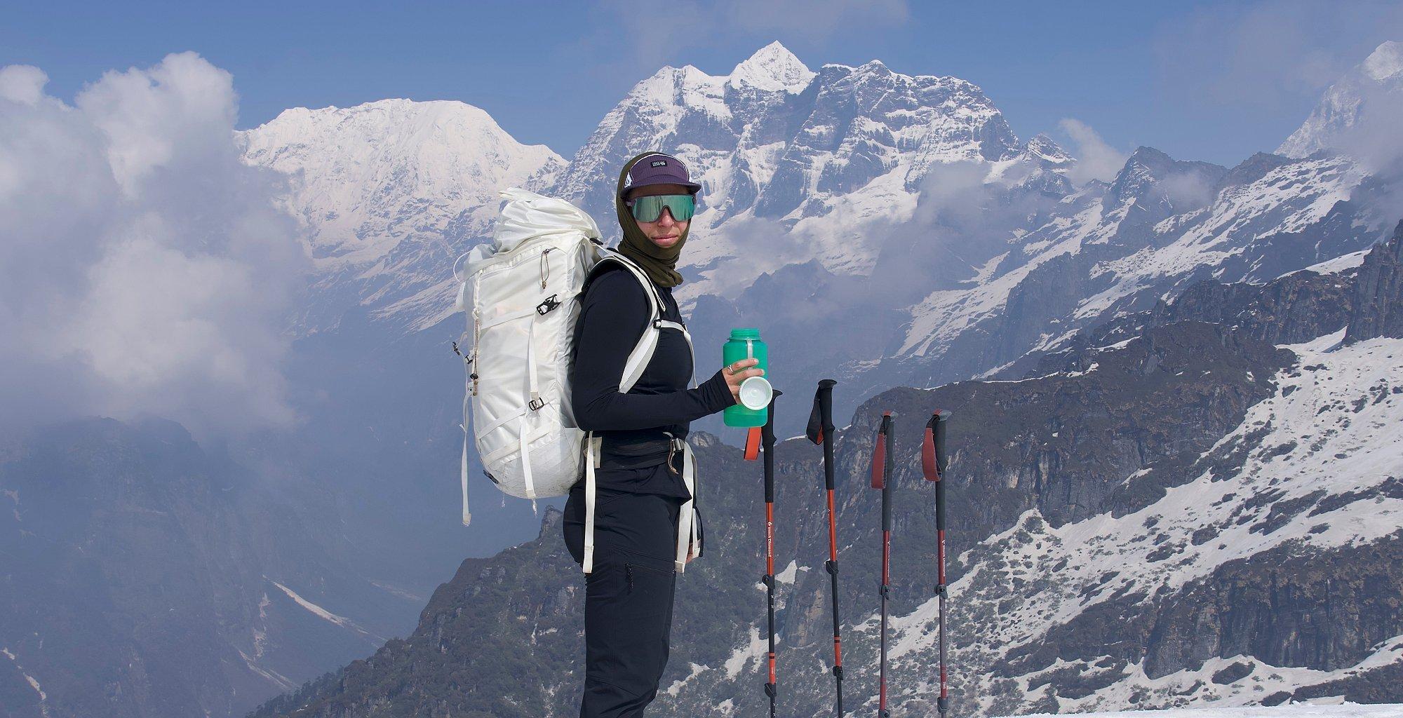 Shayna on expedition, taking a water break.
