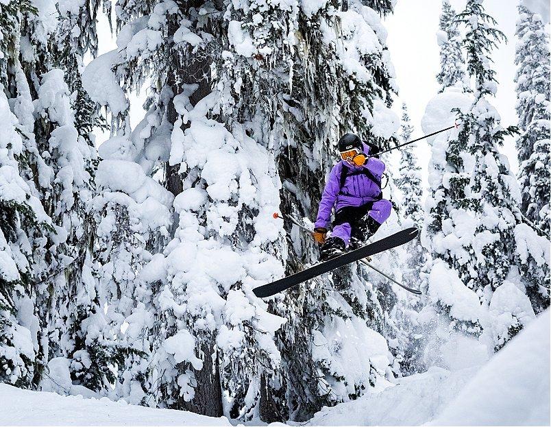 Hank Stowers jumps whilst on their skis in the backcountry of B.C.