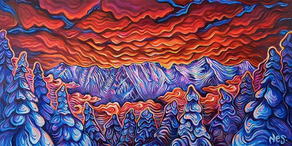 A Vanessa Stark painting titled “Love, Lines and Light” that shows a purple-and-red mountain landscape.