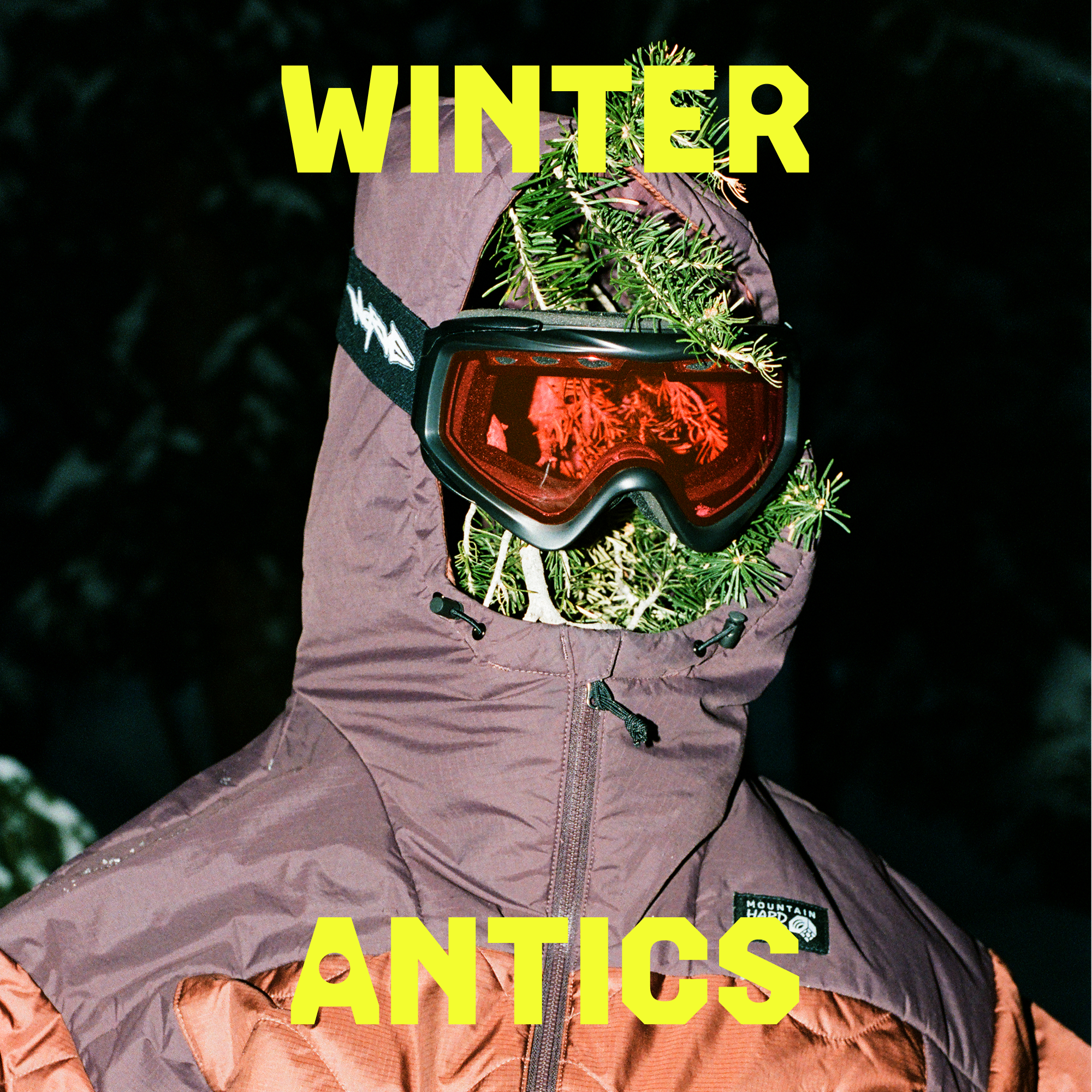 WINTER ANTICS. Spruce branches for a face are shown in the Women's Apres Pro Insulated Hooded Jacket under ski googles.