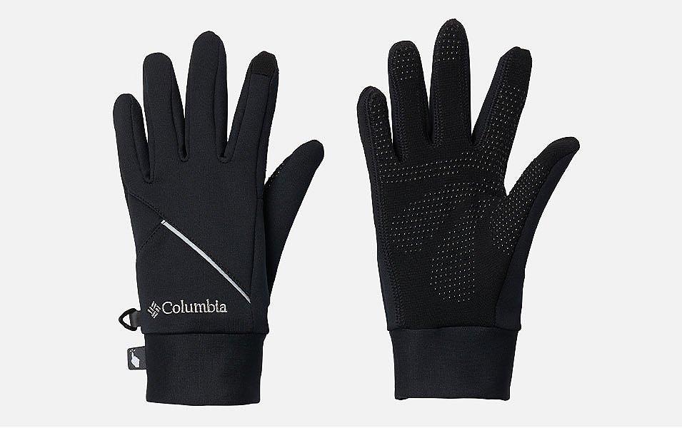 A product shot of a black pair of Columbia Sportwear performance gloves with a white background. 