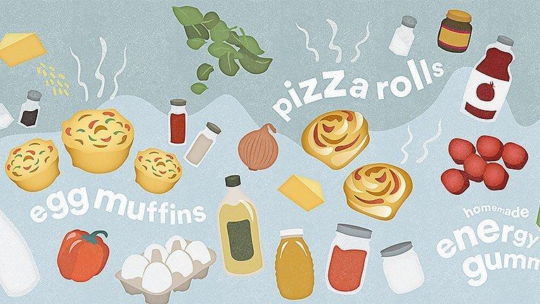 Illustrations of all the ingredients to make egg muffins, pizza rolls and homemade energy gummies