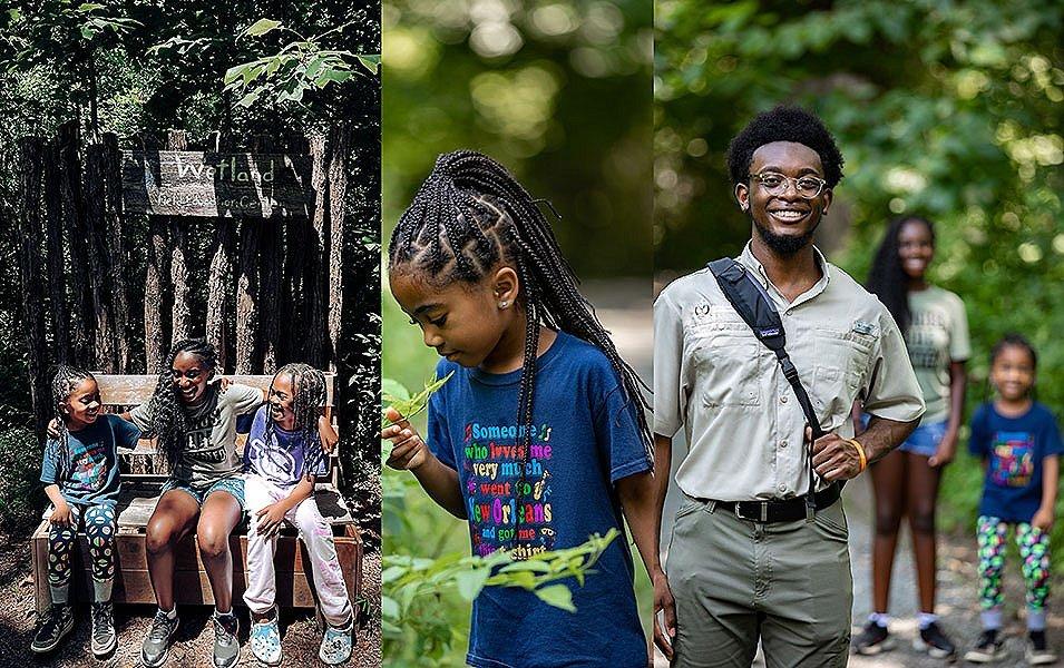 Three side-by-side images showing kids from Greening Youth Foundation smiling and having fun during organized campouts and educational activities.  