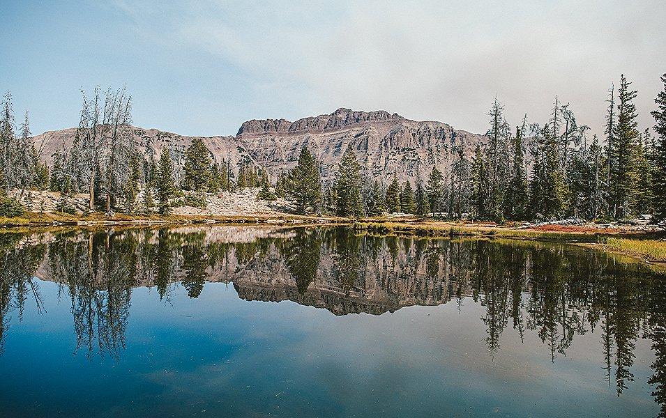 A landscape shot of a scenic blue lake with the green trees and brown rocks that stand in the background reflected in it.