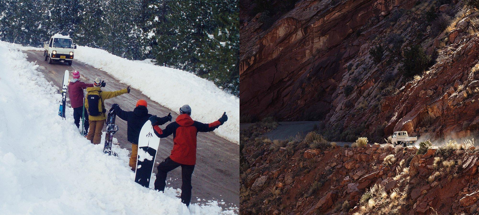 Two images side by side- one of skiers hitchhiking for Mighty, second of Mighty the truck in the American desert.