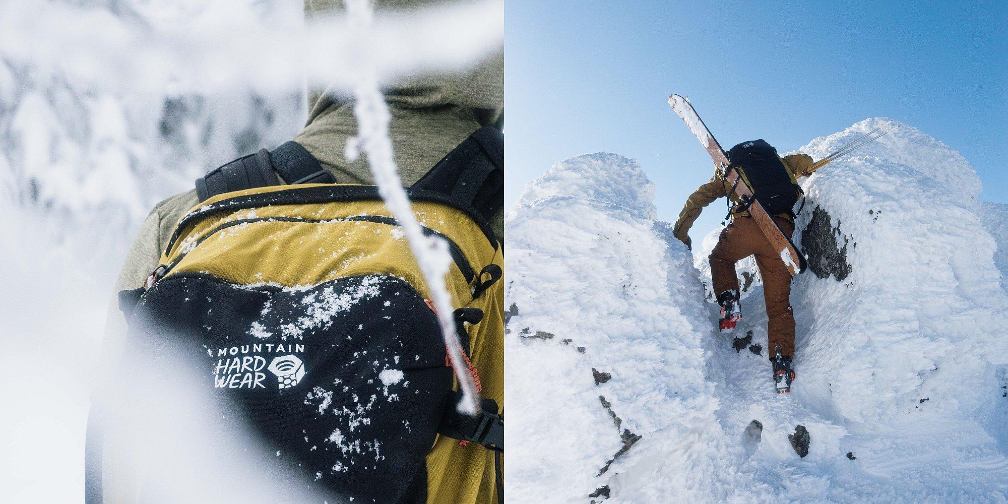Close up of Mountain Hardwear ski pack and climbing up a snow pack.