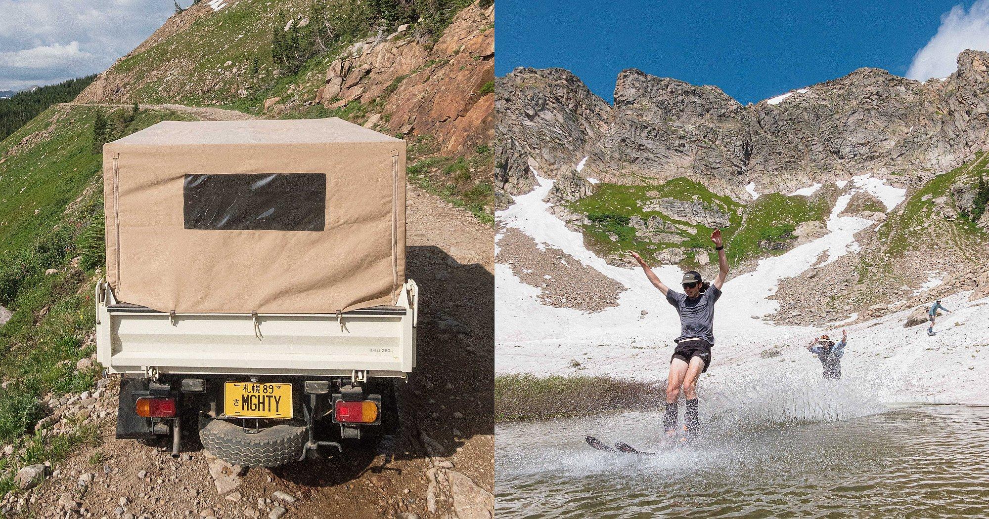 In the Colorado mountains in the summer time, skiing off the last bit of snow into an alpine lake.