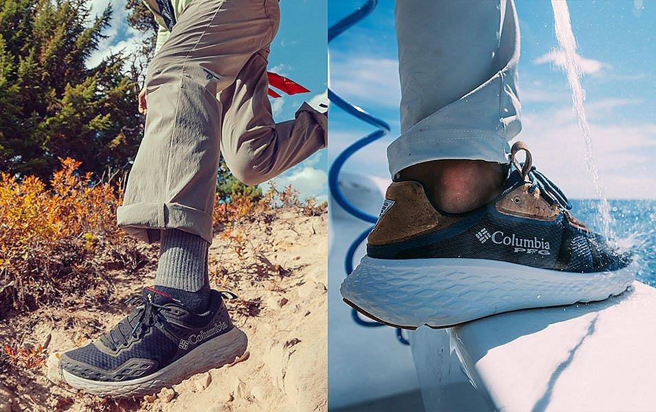 At left, an Omni-MAX hiking shoe is pictured on a sunny dirt trail; At right, an Omni-MAX PFG fishing shoe is pictured on a boat in the water. 