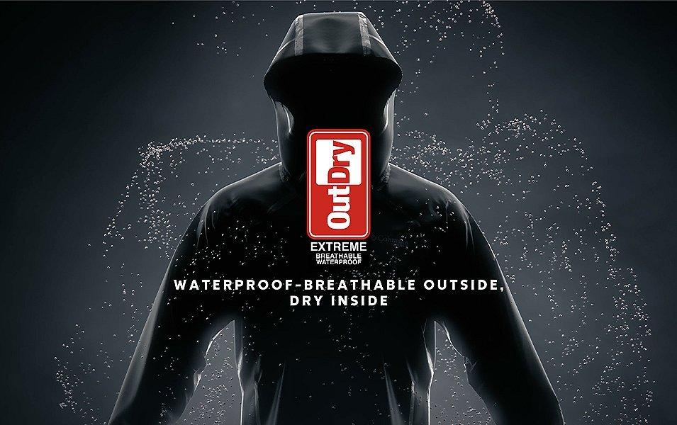 Video for the OutDry Extreme. Black jacket on a dark background with technology logo. 