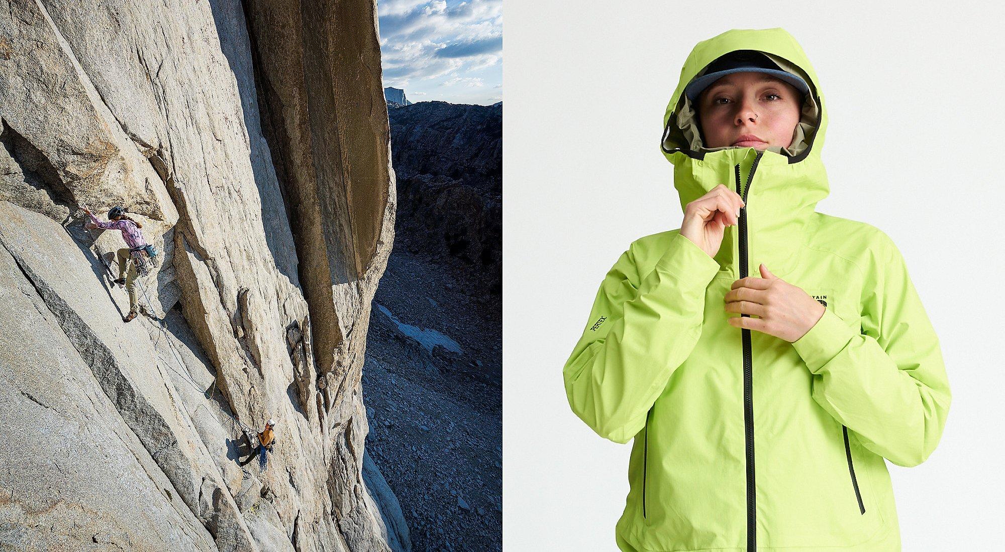 Two images side by side of a climber high up on a rock wall, the other a close up of the Women’s Premonition™ UL Jacket.