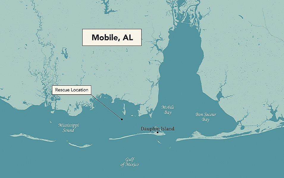 A map showing the area around Dauphin Island where Kevin Olmstead was thrown overboard. 