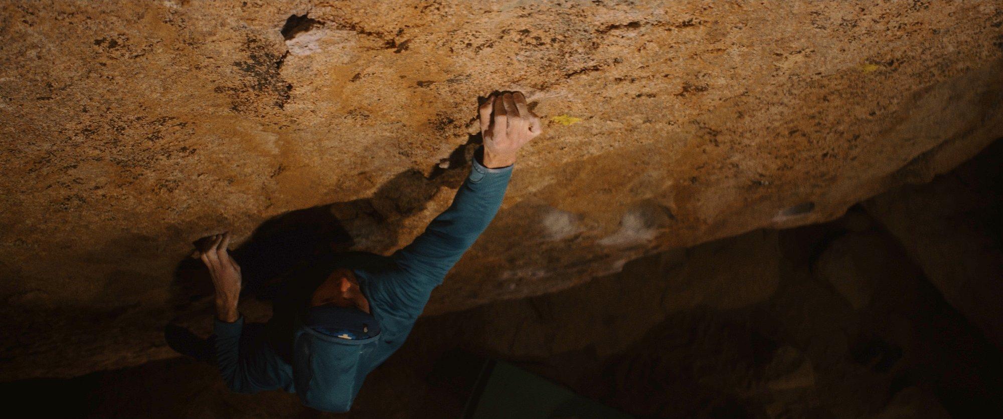 Still frame from the film: MHW Athlete Ethan Pringle climbing.