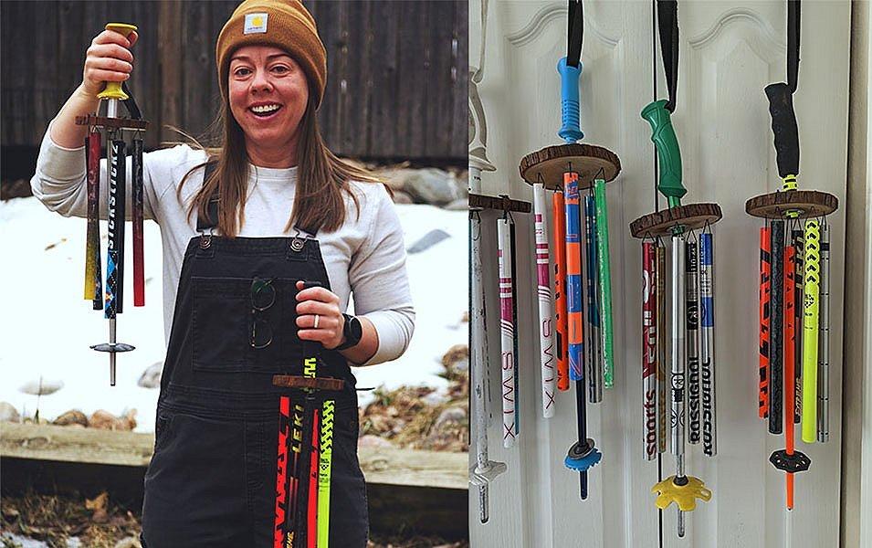 On the left, Jordan Berde, founder of Upcycled Ski, holds her winds chimes up for the camera and smiles. At right, a handful of wind chimes made from ski poles hang on a door. 