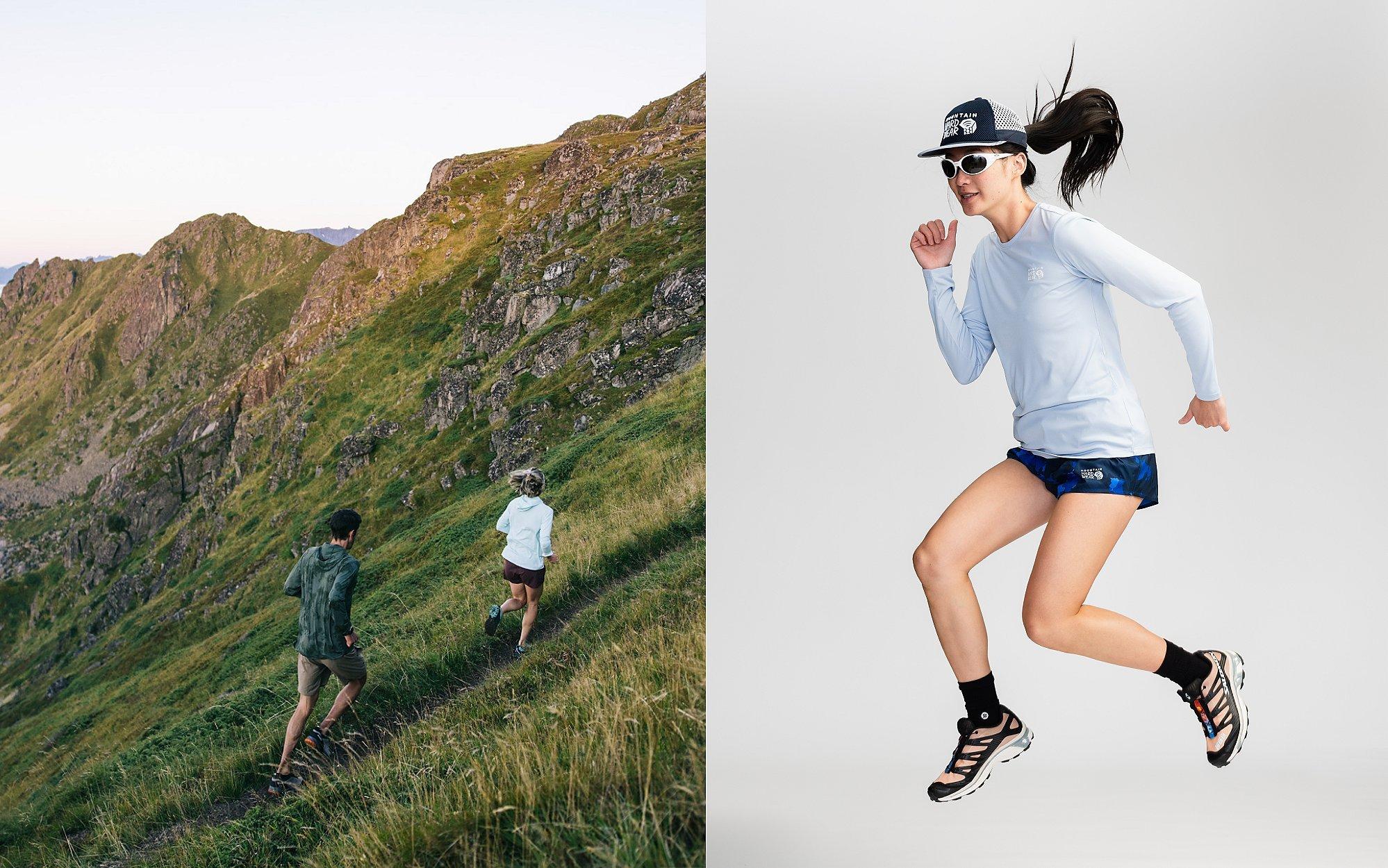 Two images side by side, the first has two trail runners running on a trail surrounded by a beautiful green lush hillside. The second image is a studio shot of a trail running kit. 