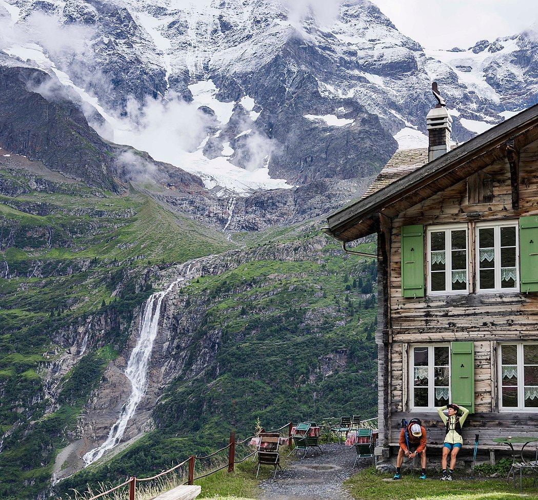 Waterfall views, taking a break at a high alpine farm.