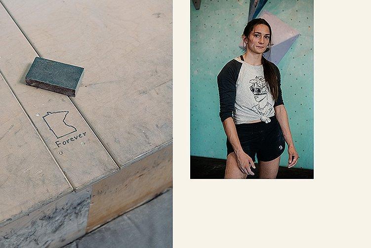 Alex Johnson bouldering on a teal wall in a gym.