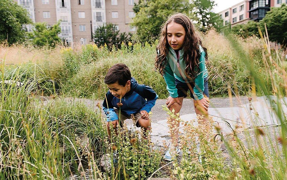 Two kids looking in some bushes in a park. 