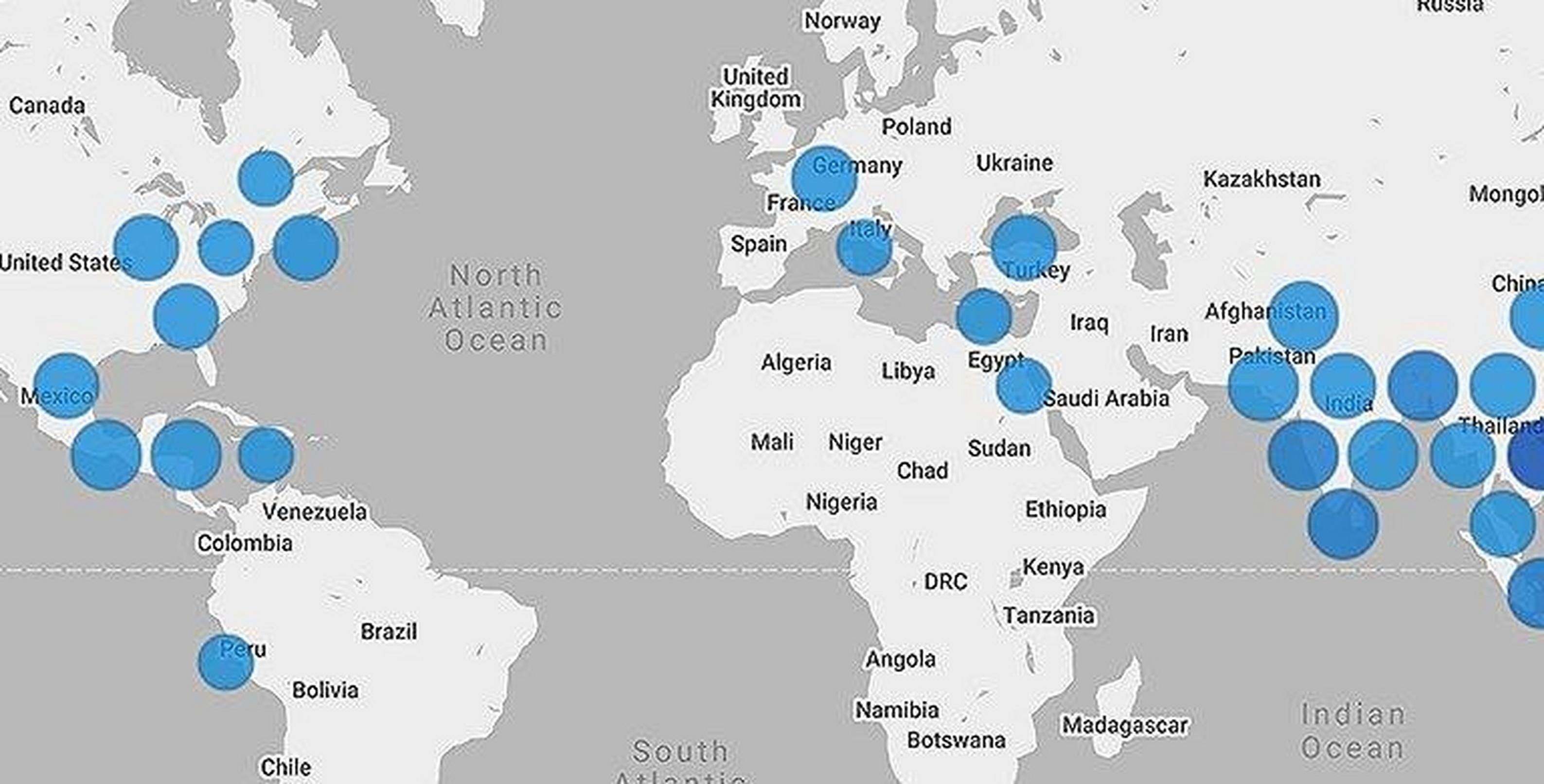 World map displaying blue circular markers of varying sizes indicating data points across multiple countries and continents.