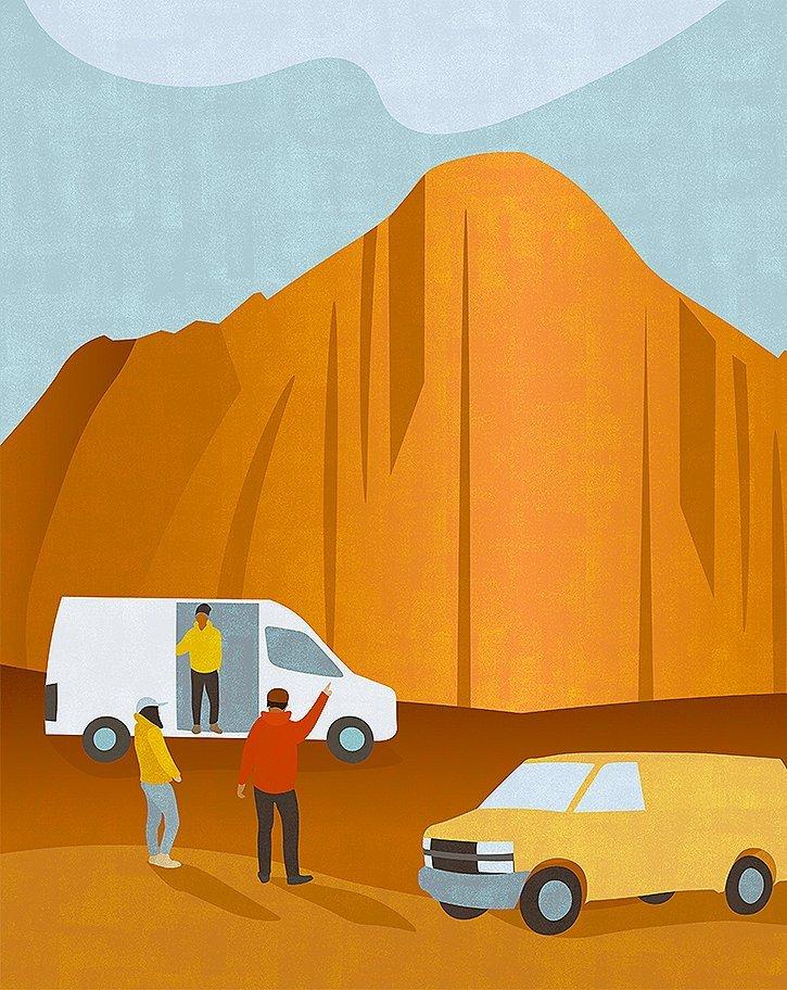 Illustration of climbers telling other climbers that just pulled up that it isn't safe to climb on the wet rock yet