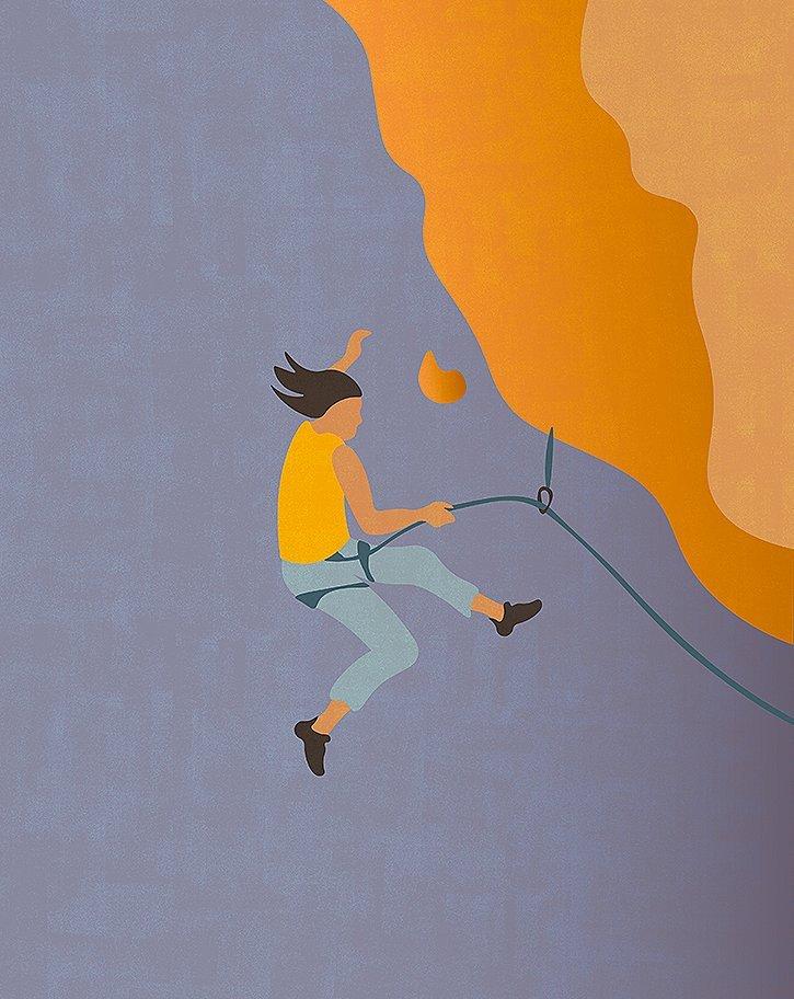 Illustration of climber falling from wet rock, rock falling 
