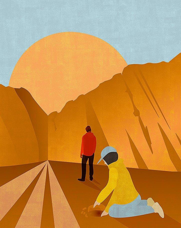 Illustration of climbers inspecting the area, putting fingers in the dirt, seeing if it safe to climb on the red rock or not
