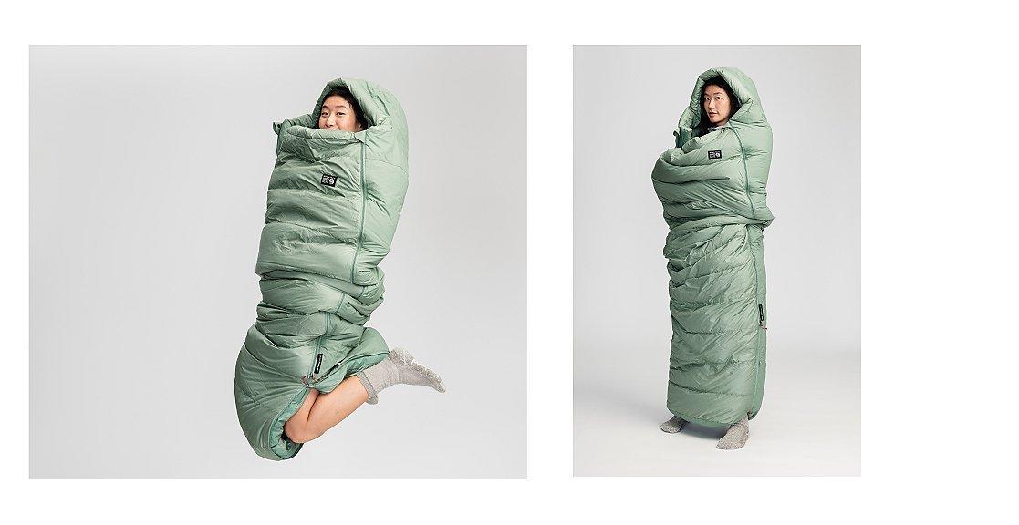 Model wearing the Yawn Patrol sleeping bag.