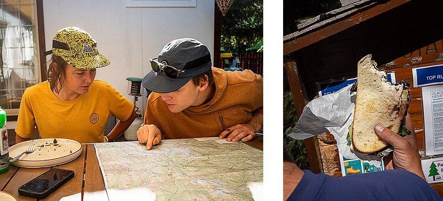 Two images side by side, the first two hikers look over a map, the second is a view of someone's sandwich with a bite out of it.