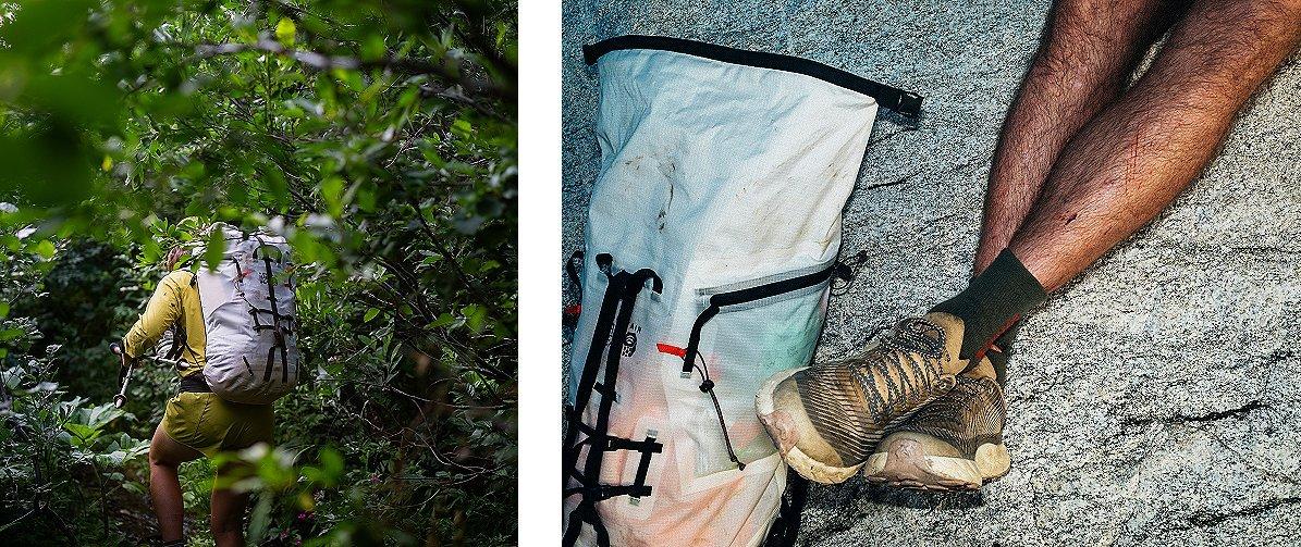 Split image showing two scenes: on the left, a hiker in yellow clothing with a white backpack navigates through dense, green brush using trekking poles; on the right, a close-up of scratched legs and trail shoes resting on granite beside a dirty white pack, highlighting the rugged toll of backcountry travel.





