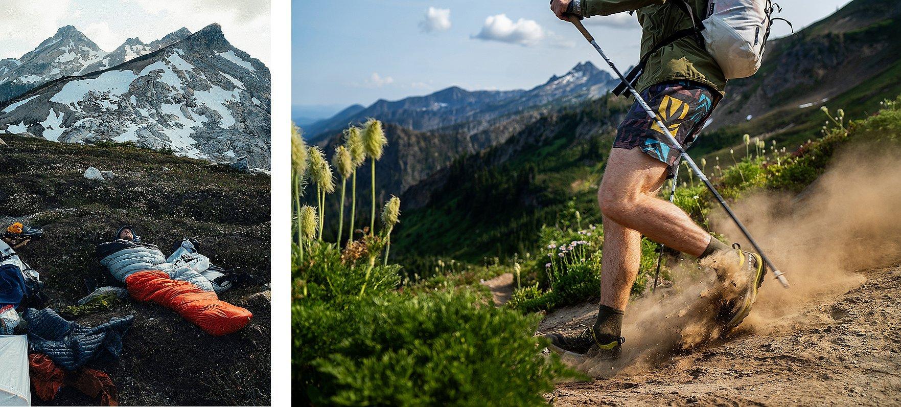 Left: A person rests in a sleeping bag on a grassy alpine slope with rugged, snow-dotted peaks in the background, surrounded by camping gear.
Right: A hiker wearing patterned shorts kicks up a cloud of dust while trekking uphill with poles on a dirt trail through a lush mountain landscape.