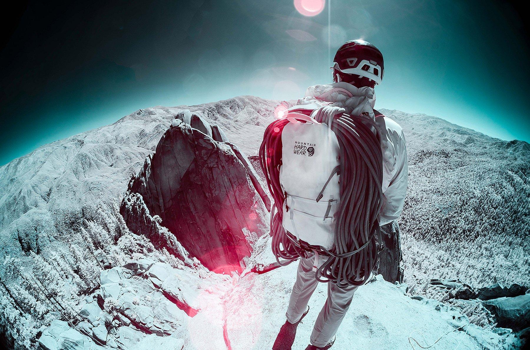 Infrared image, from the back of a climber at the top of the route, looking out at the view in the Needles.