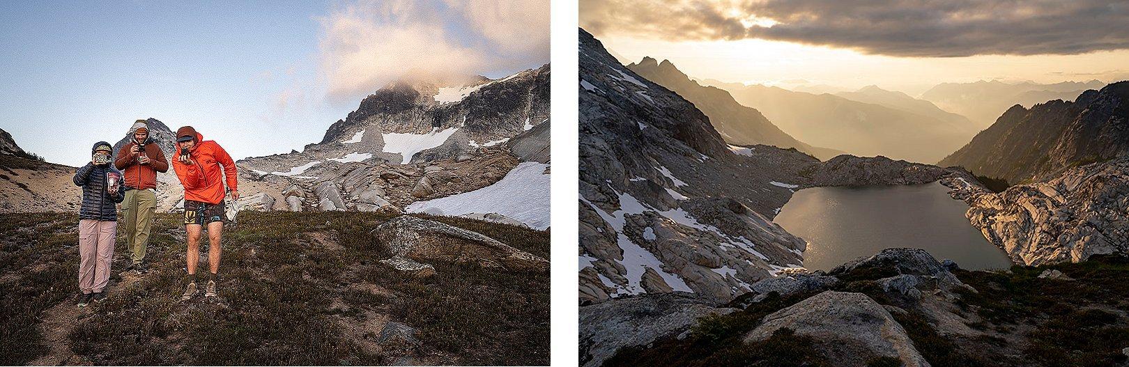 The group celebrates no more rain and a beautiful view of an alpine lake.