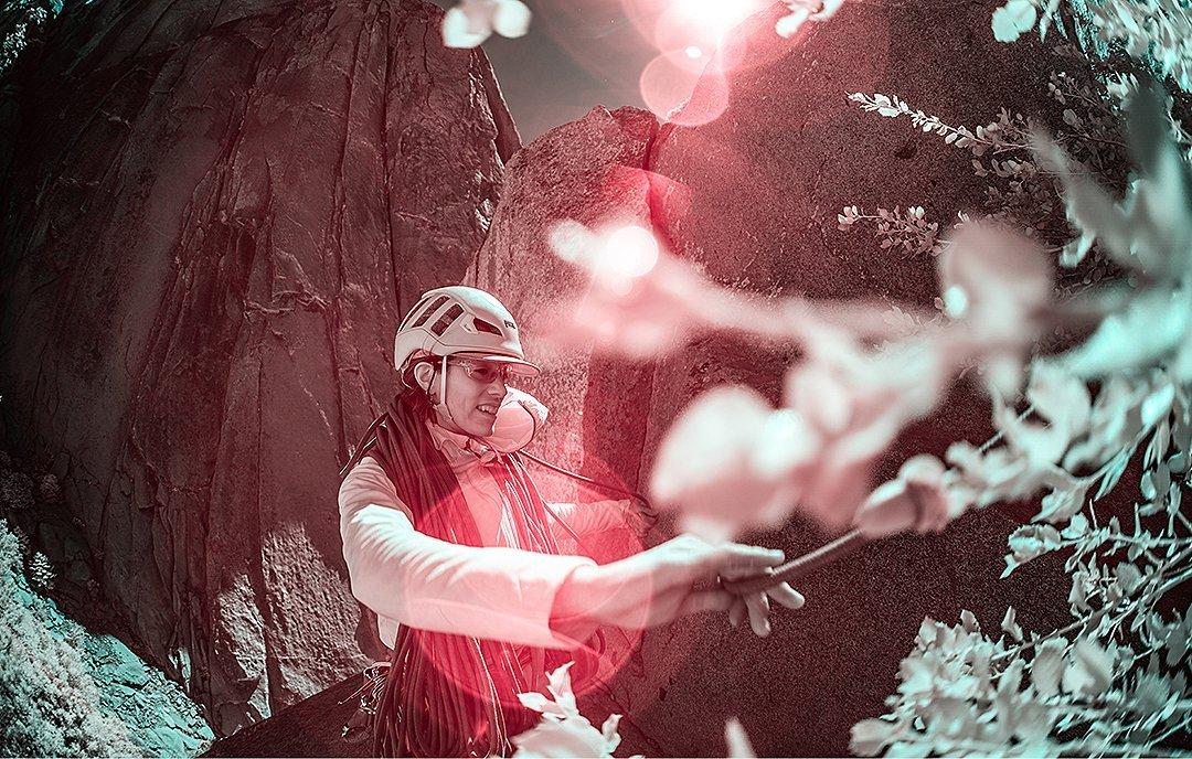 Infrared image of Miranda Oakley climbing in the Needles