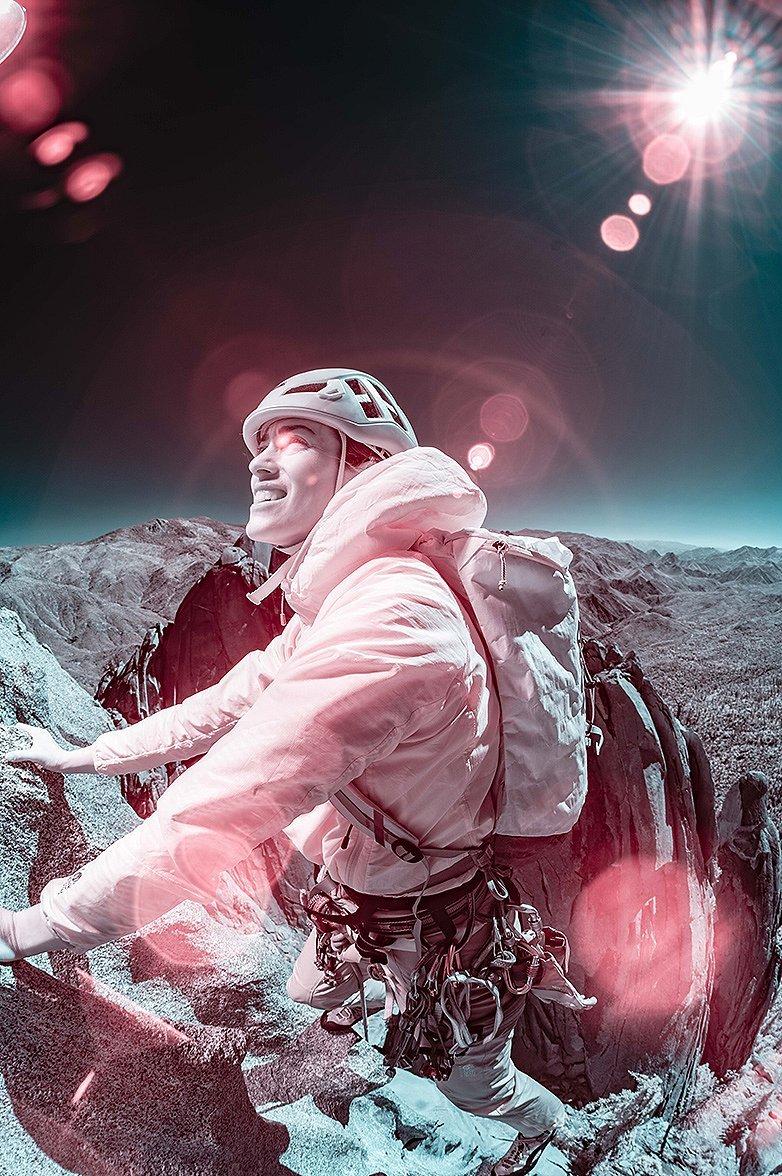 Infrared image of Mountain Hardwear athlete Miranda Oakley, nearing the top of a route in the Needles