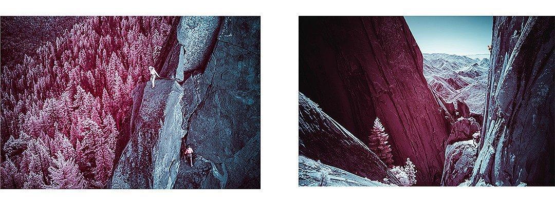 two infrared images side by side, of Miranda Oakley and climbing parter, climbing in the distance, in the Needles.
