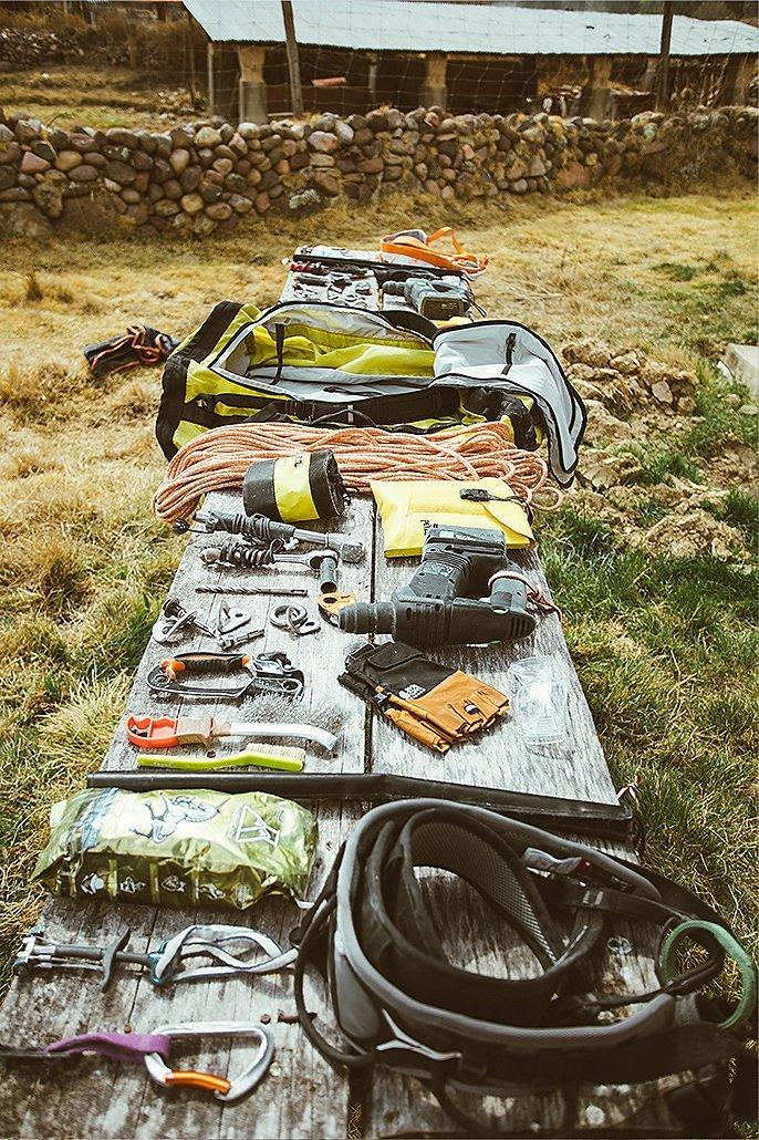 A table view of all the climbing and route setting gear on the trip