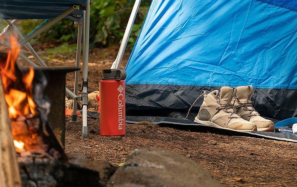 Close up of camping gear at campsite. 