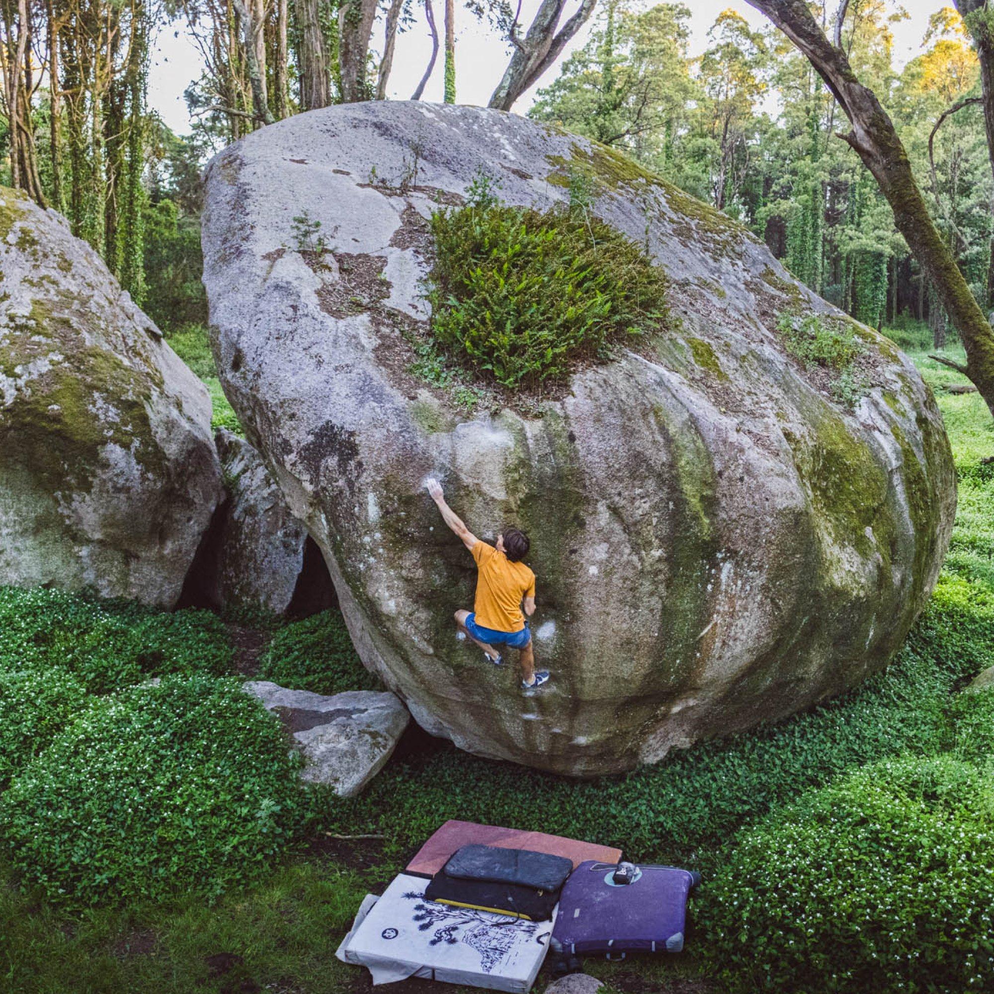 Crash pads on the green forest floor below, professional climber Ethan Pringle leaves a dotted trail of chalk as he boulders.