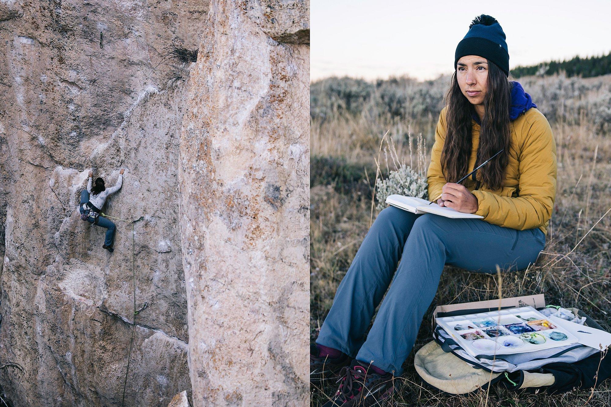 Side by side image of Natalie climbing on one side, and painting in the field on the other.