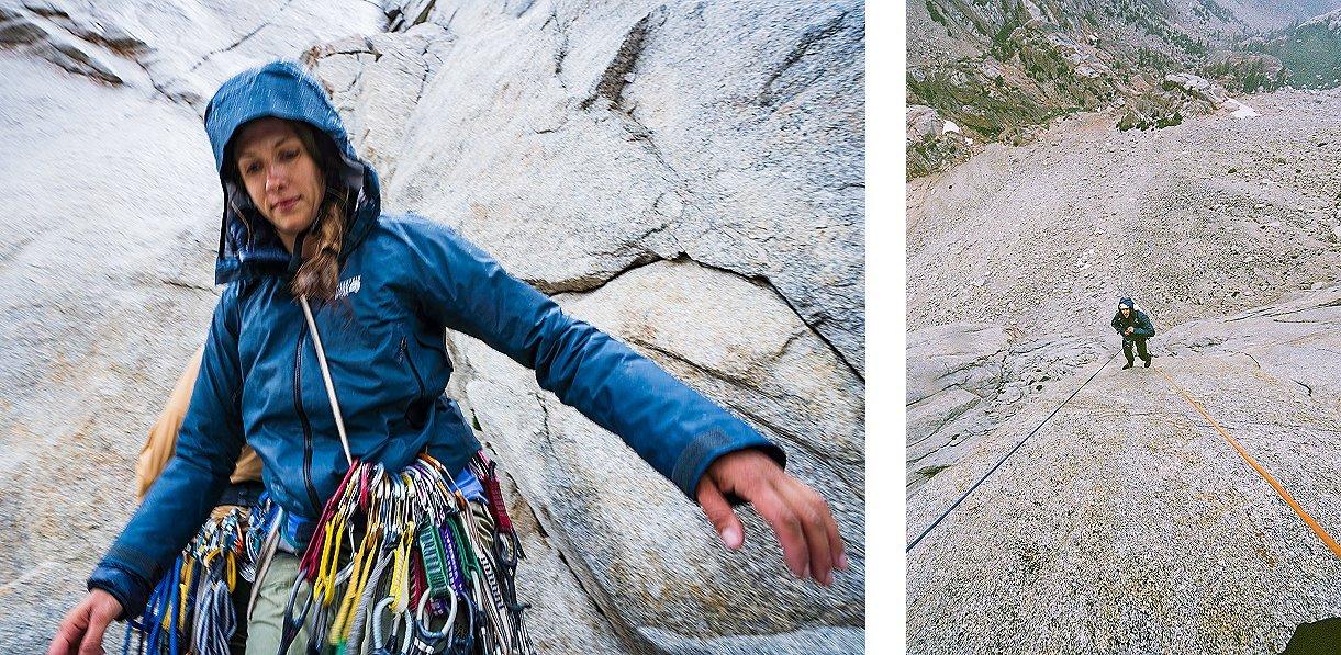 Side-by-side images of climbers on a granite wall. In the left image, Jen Poe wears a blue Premonition™ UL Jacket with the hood up, loaded with climbing gear, and appears mid-motion against a rock face. In the right image, climber Casey Elliot is seen from above while rappelling down the rock, secured by blue and orange ropes with rugged alpine terrain in the background.