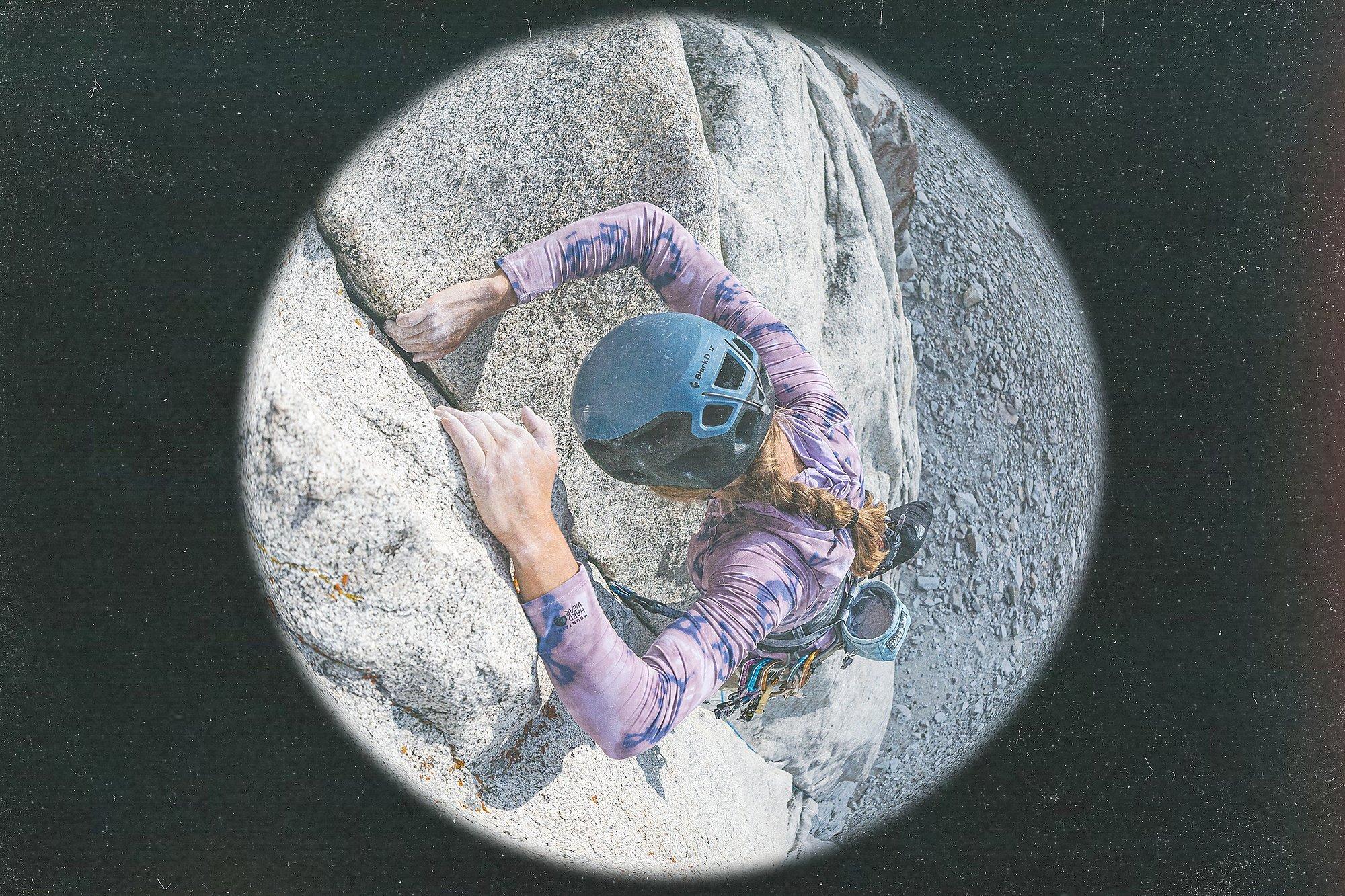 Close up of Jen climbing in the Crater Lake long sleeve.