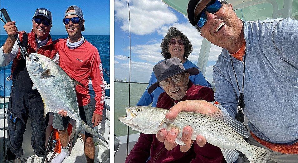 Father and son holding a fish. 