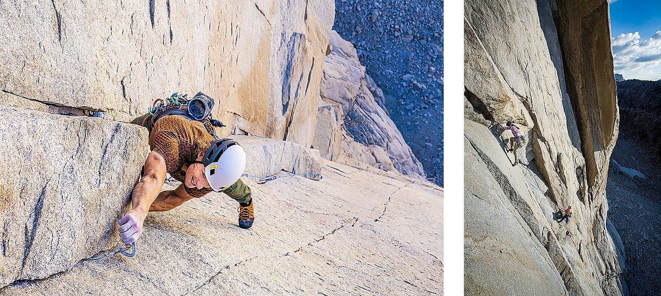 In the left image, climber Casey Elliot ascends a steep granite face in the Sierra Nevada, focused as he reaches to place protection while wearing the Crater Lake™ Short Sleeve Shirt. On the right, Jen Poe climbs higher up the same route, making her way through a dramatic overhang while wearing the Crater Lake™ Long Sleeve Shirt. Both are surrounded by rugged alpine rock formations under a bright, clear sky.