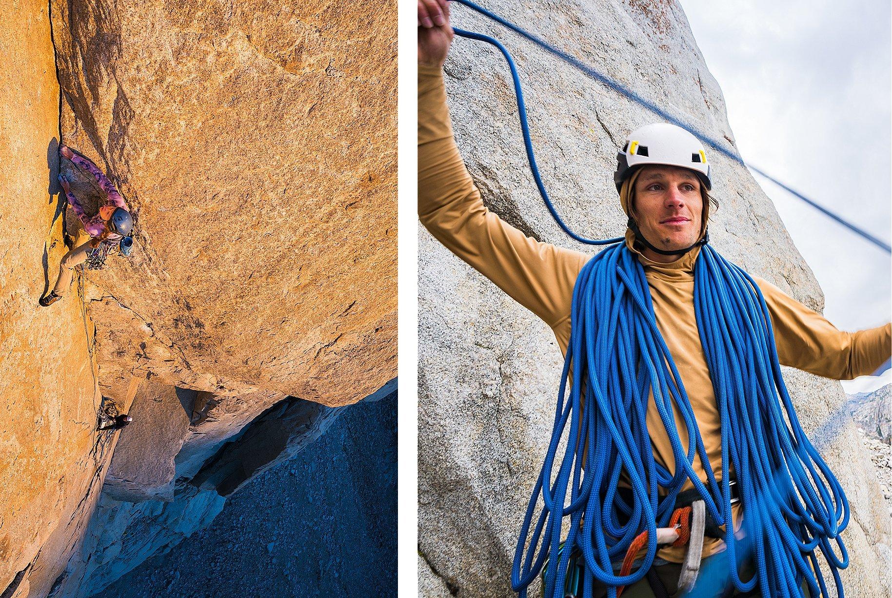 In the left image, Jen climbs a golden-hued granite wall, focused and steady as evening light casts a warm glow over the vertical face. A climbing partner belays below in deep shadow. On the right, Casey stands at the base of a wall, coiling bright blue rope around his shoulders with a relaxed expression, wearing a tan hooded sun shirt against a backdrop of light granite and cloudy skies.